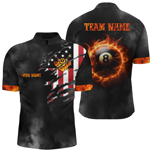 Personalized Flame 8 Ball Pool Billiard Men Quarter-Zip Shirts, Us Flag For Billiard Lover TDM0649