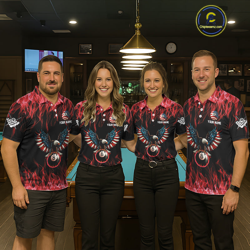 Red Flaming American Flag Eagle 8 Ball Billiard Shirt For Women Custom Patriotic Pool Team Jersey TDM5587