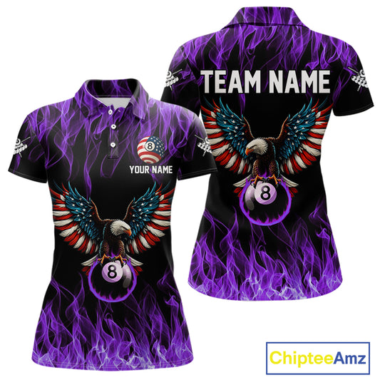 Purple Flaming American Flag Eagle 8 Ball Billiard Shirt For Women Custom Patriotic Pool Team Jersey TDM5588
