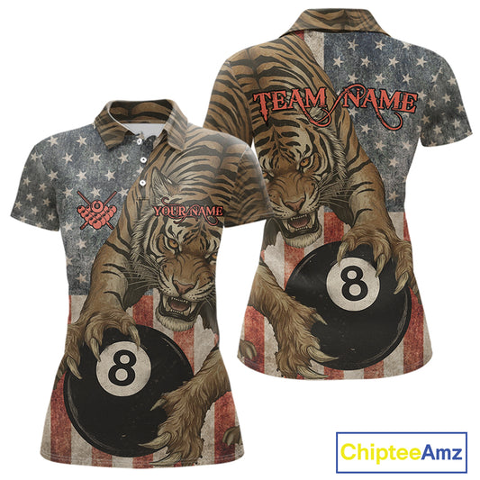 Personalized Vintage American Flag Tiger Billiard Shirt For Women, 8 Ball Pool Billiard Team Jerseys TDM5590