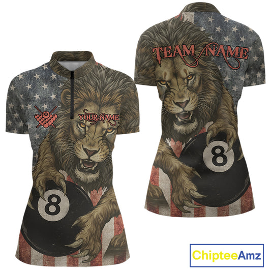 Personalized Vintage American Flag Lion Billiard Shirt For Women, 8 Ball Pool Billiard Team Jerseys TDM5591