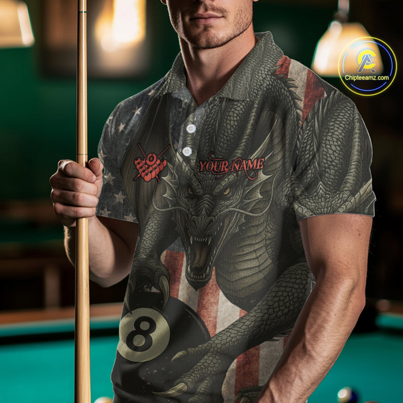 Personalized Vintage American Flag Dragon Billiard Shirt For Men, 8 Ball Pool Billiard Team Jerseys TDM5592