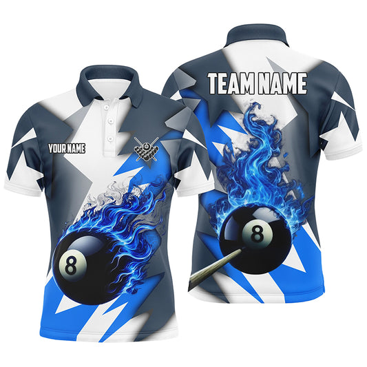 Personalized Blue Flaming 8 Ball Pool Jerseys Men Polo Shirts, Best Team League Billiard Shirts TDM1007