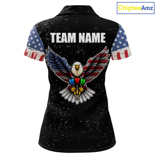 Personalized Grunge US Flag Eagle Darts Shirt For Women, Patriotic Darts Team Jersey Polo & 1/4 Zip TDM5831