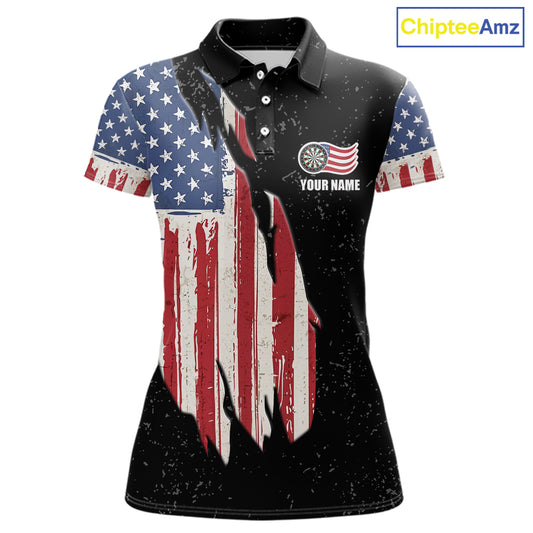 Personalized Grunge US Flag Eagle Darts Shirt For Women, Patriotic Darts Team Jersey Polo & 1/4 Zip TDM5831