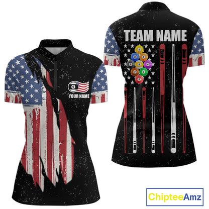 Personalized Grunge American Flag Women's Billiard Shirt Custom 9 Ball Pool Billiard Team Jersey TDM5832