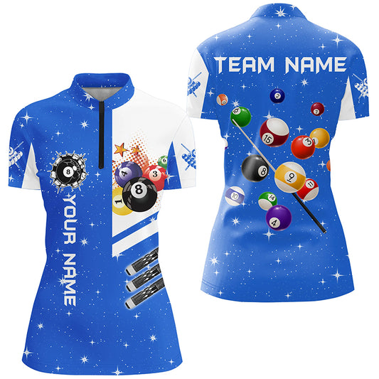 Personalized Blue 3D Billiard Balls Women Quarter-Zip Shirts, Billiard Team League Jerseys TDM1162