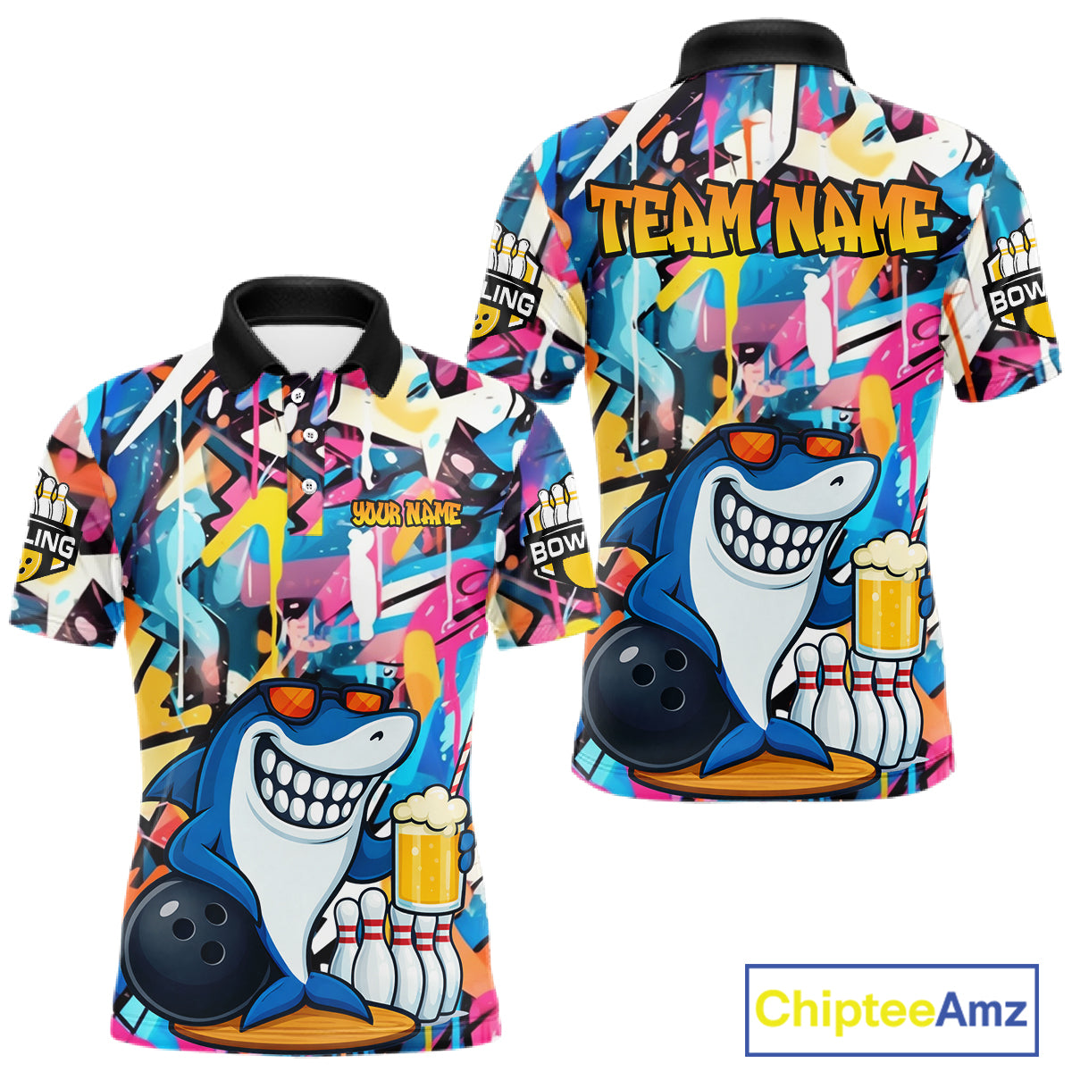 Funny Shark Colorful Graffiti Bowling Shirts For Men, Best Bowling Team Jersey Polo & 1/4 Zip TDM6208