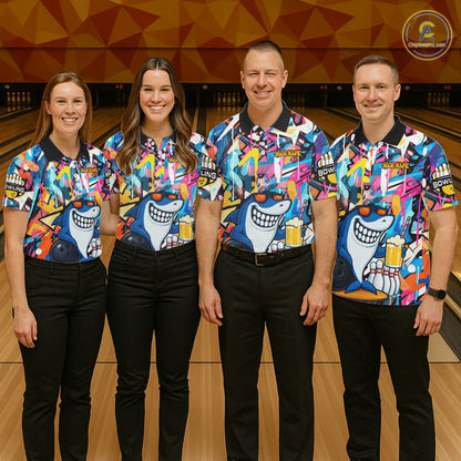 Funny Shark Colorful Graffiti Bowling Shirts For Men, Best Bowling Team Jersey Polo & 1/4 Zip TDM6208