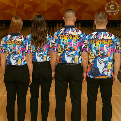 Funny Shark Colorful Graffiti Bowling Shirts For Men, Best Bowling Team Jersey Polo & 1/4 Zip TDM6208