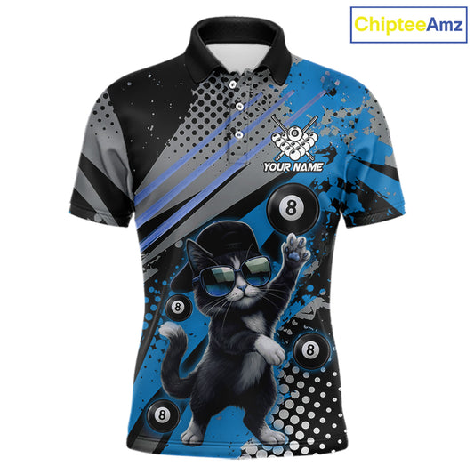Custom Blue Funny Cat Billiard Shirt For Men, Personalized 8 Ball Pool Team Jersey Polo & 1/4 Zip TDM6442