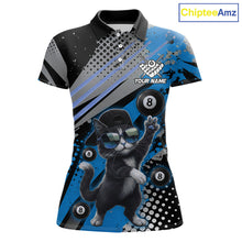 Load image into Gallery viewer, Custom Blue Funny Cat Billiard Shirt For Women, Personalized 8 Ball Pool Team Jersey Polo &amp; 1/4 Zip TDM6442