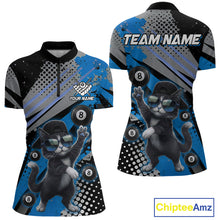 Load image into Gallery viewer, Custom Blue Funny Cat Billiard Shirt For Women, Personalized 8 Ball Pool Team Jersey Polo &amp; 1/4 Zip TDM6442