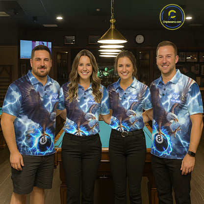 Pool team wearing matching blue thunder eagle billiard jerseys during league play front view.