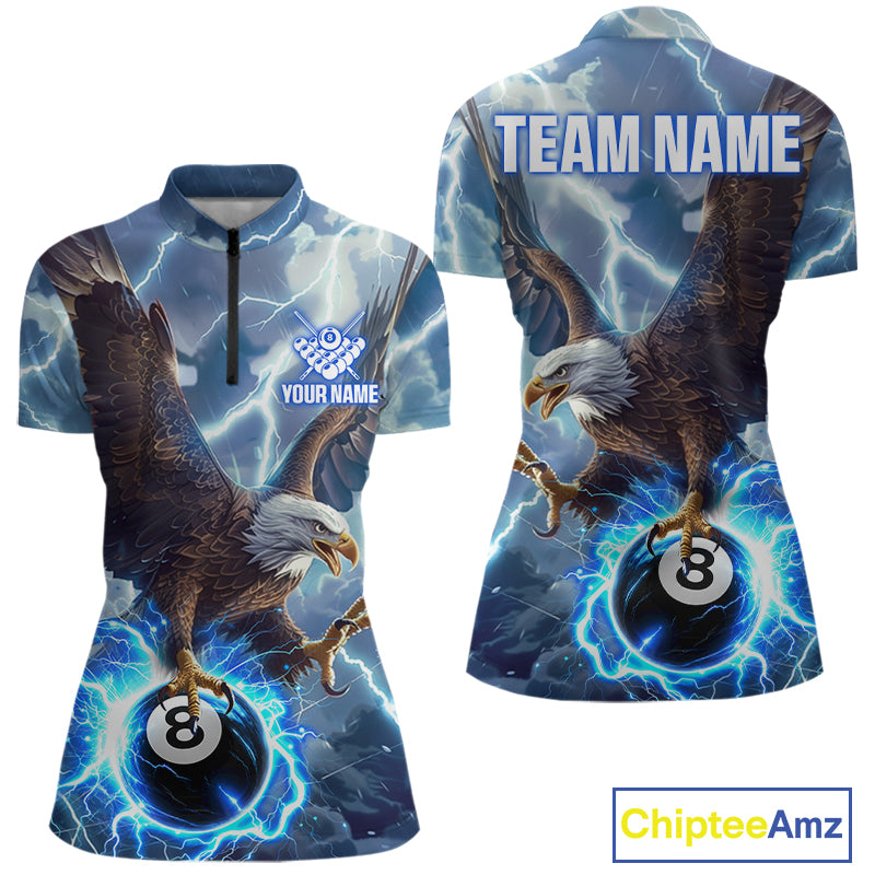 Women’s blue thunder lightning eagle billiard quarter zip shirt for tournaments and team matches.