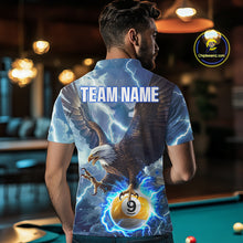 Load image into Gallery viewer, Back view of man wearing a blue lightning eagle pool team shirt in a billiards hall.
