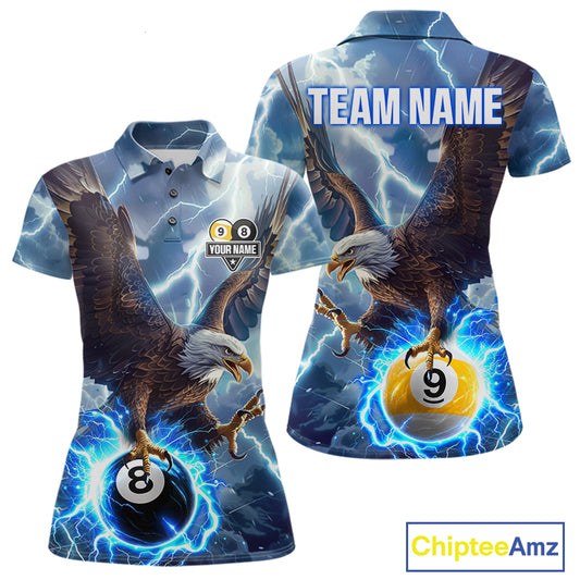 Women’s blue lightning eagle billiard polo shirt with 8 ball and 9 ball graphics for league players.