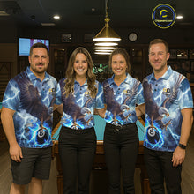 Load image into Gallery viewer, Pool team wearing matching blue lightning eagle billiard jerseys during tournament play front view.