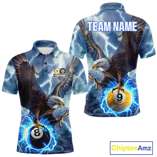 Men’s blue lightning eagle billiard polo shirt with 8 ball and 9 ball graphics for league players.