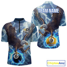 Load image into Gallery viewer, Men’s blue lightning eagle billiard quarter zip shirt designed for tournaments and team play.