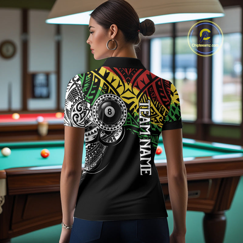 Back view of woman wearing a tribal pool team shirt in a billiards hall.