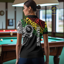 Load image into Gallery viewer, Back view of woman wearing a tribal pool team shirt in a billiards hall.