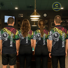 Load image into Gallery viewer, Back view of pool players wearing custom tribal billiard shirts in a game room.