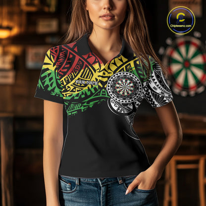 Woman wearing a tribal pattern darts jersey during league play in a darts bar front view.
