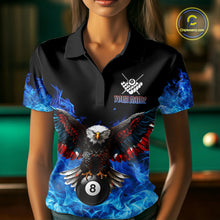 Load image into Gallery viewer, Woman wearing a blue flame smoke eagle skull billiard jersey beside a pool table front view.