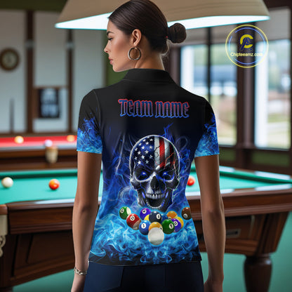 Back view of woman wearing a blue flame smoke pool team shirt in a billiards hall.