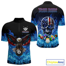 Load image into Gallery viewer, Men’s blue flame smoke eagle skull billiard quarter zip shirt for pool tournament players.