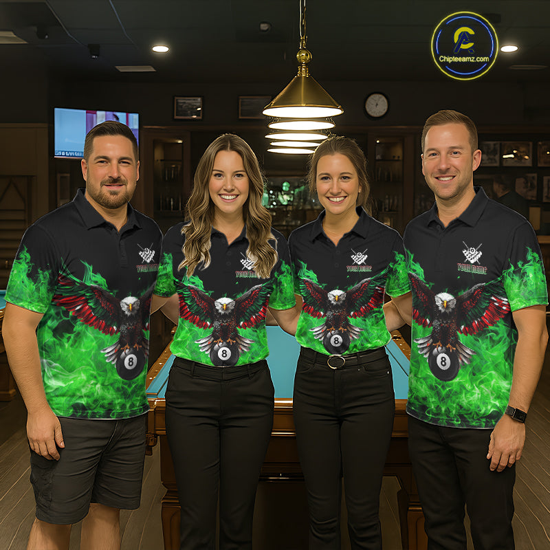 Pool team wearing matching green flame eagle skull billiard jerseys during tournament play front view.