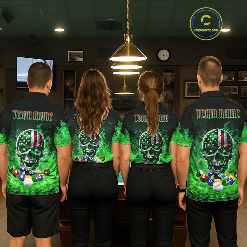 Back view of pool players wearing custom green flame billiard shirts in a game room.