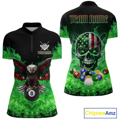 Women’s green flame eagle skull quarter zip billiard shirt with American flag artwork.