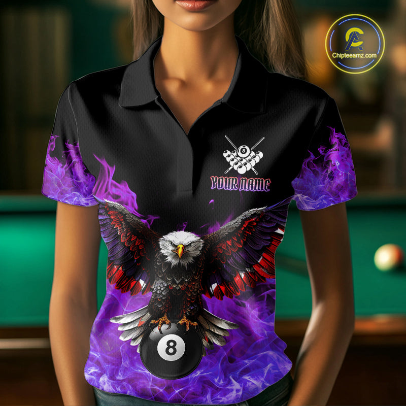 Woman wearing a purple flame eagle skull billiard jersey beside a pool table front view.