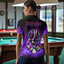 Load image into Gallery viewer, Back view of woman wearing a purple flame eagle skull pool team shirt in a billiards hall.
