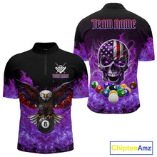 Load image into Gallery viewer, Men’s purple flame eagle skull billiard quarter zip shirt designed for tournaments and league nights.