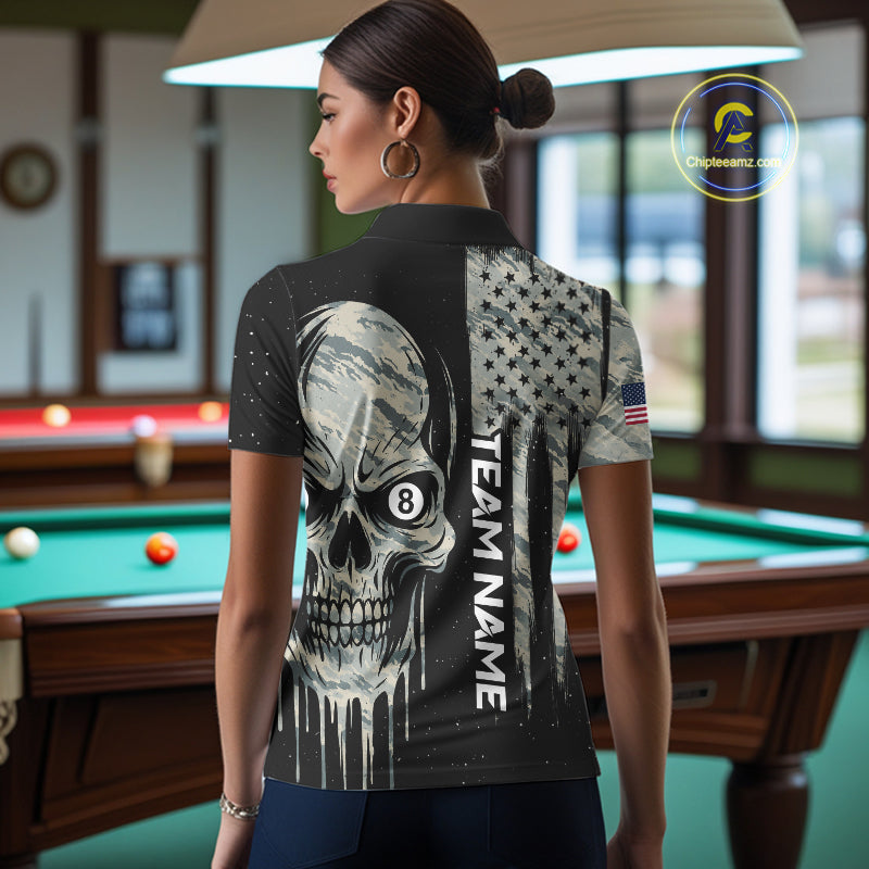 Grunge Camo Skull American Flag Billiard Shirt For Women Custom Patriotic 8 Ball Pool Team Jersey TDM4276
