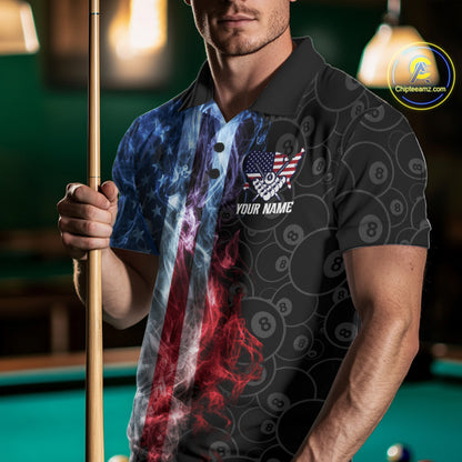 Man wearing a smoke American flag 8 ball billiard jersey front view.