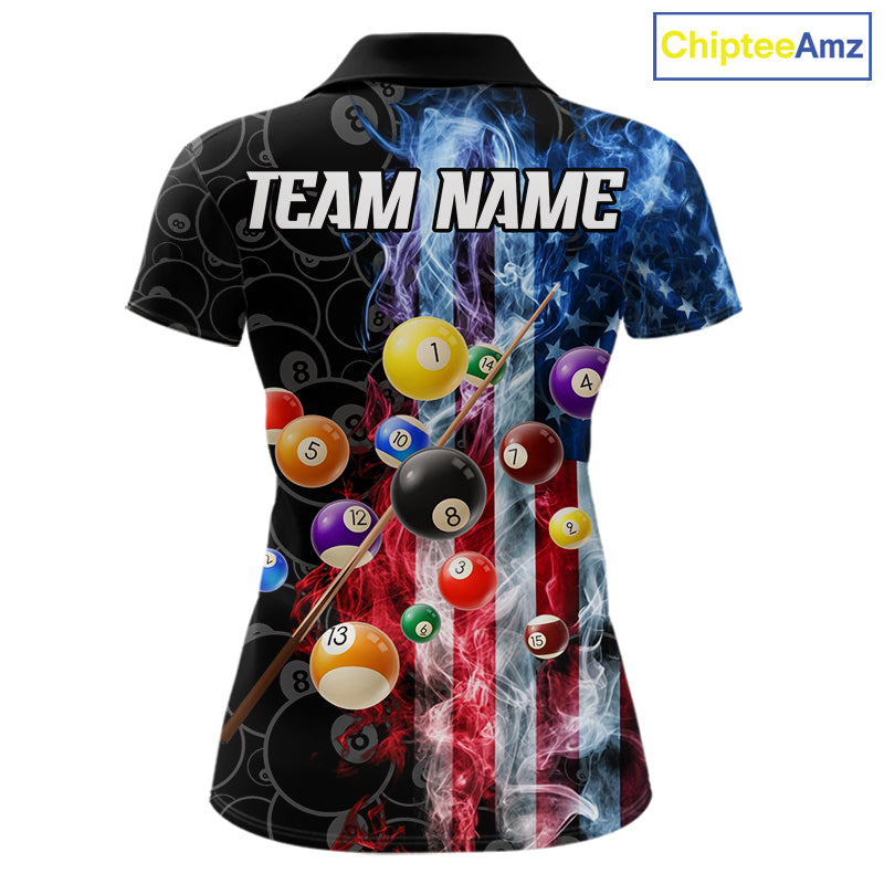 Patriotic smoke American flag 8 ball custom billiard polo shirt for women with USA graphics.