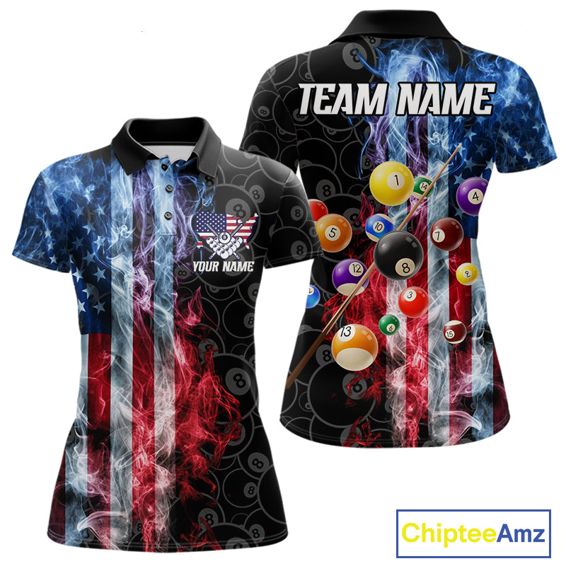 Smoke American flag 8 ball billiard polo shirt for women, custom patriotic pool team jersey.