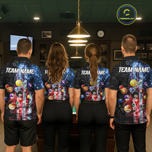 Load image into Gallery viewer, Back view of pool team wearing matching smoke American flag 8 ball billiard shirts.