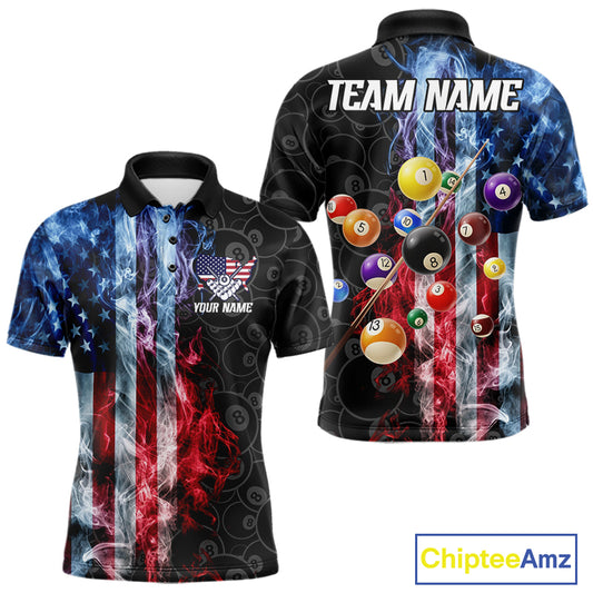 Smoke American flag 8 ball billiard polo shirt for men, custom patriotic pool team jersey.