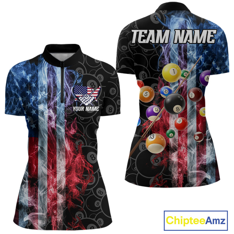 Smoke American flag 8 ball quarter zip billiard shirt for women, custom pool team jersey.