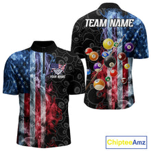 Load image into Gallery viewer, Smoke American flag 8 ball quarter zip billiard shirt for men, custom pool team jersey.