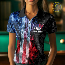 Load image into Gallery viewer, Woman wearing a smoke American flag 8 ball pool billiard jersey front view.