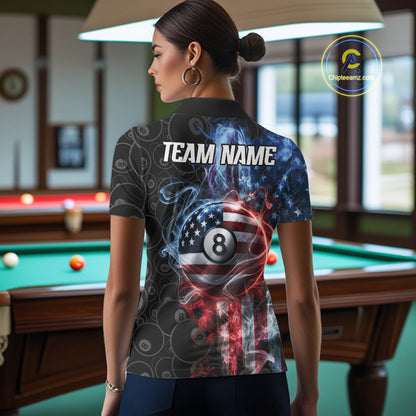 Back view of woman wearing a smoke American flag 8 ball pool team jersey.