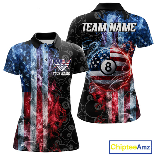 Smoke American flag 8 ball pool billiard polo shirt for women, custom patriotic pool team jersey.