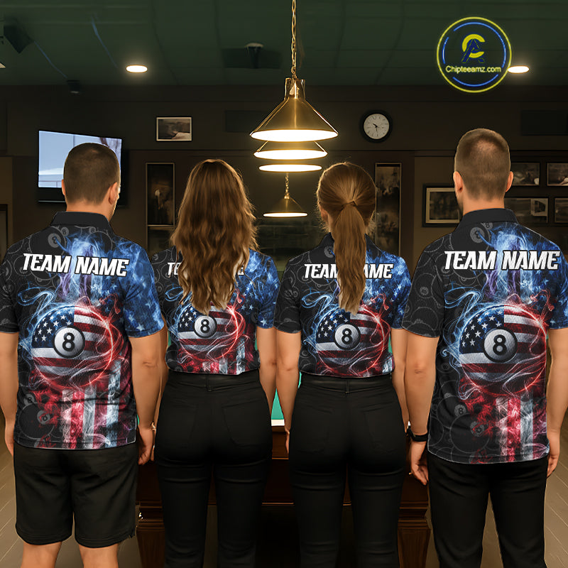 Back view of pool team wearing matching smoke American flag 8 ball pool billiard shirts.