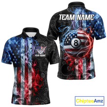 Load image into Gallery viewer, Smoke American flag 8 ball pool billiard polo shirt for men, custom patriotic pool team jersey.